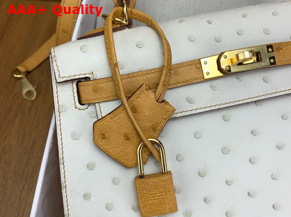 Hermes Contrast Kelly Sellier 25 Bag in Ostrich Leather Glacier and Sand Replica