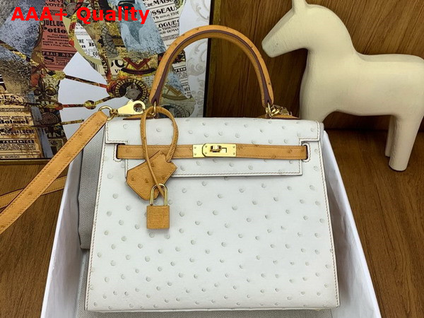 Hermes Contrast Kelly Sellier 25 Bag in Ostrich Leather Glacier and Sand Replica