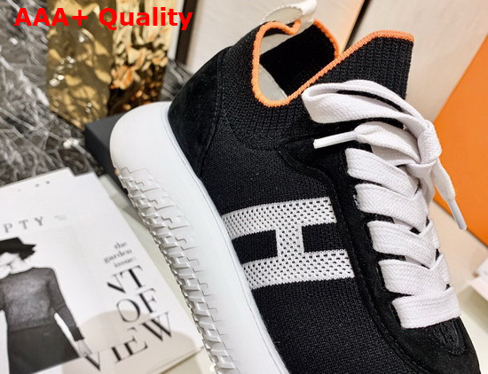 Hermes Crew Sneaker in Knit and Suede Goatskin with Signature Rubber Sole Black and White Replica