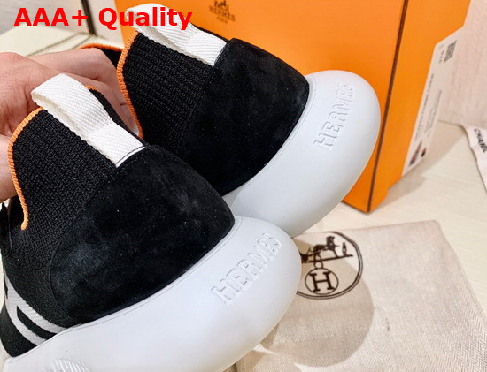 Hermes Crew Sneaker in Knit and Suede Goatskin with Signature Rubber Sole Black and White Replica