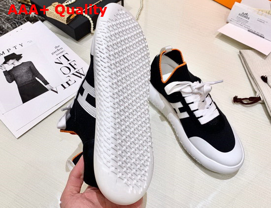 Hermes Crew Sneaker in Knit and Suede Goatskin with Signature Rubber Sole Black and White Replica