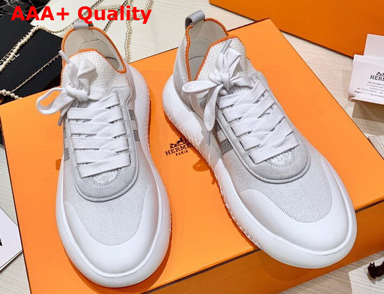 Hermes Crew Sneaker in Knit and Suede Goatskin with Signature Rubber Sole Blanc Gris Replica