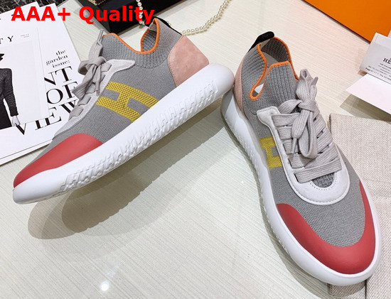 Hermes Crew Sneaker in Knit and Suede Goatskin with Signature Rubber Sole Gray Yellow Replica