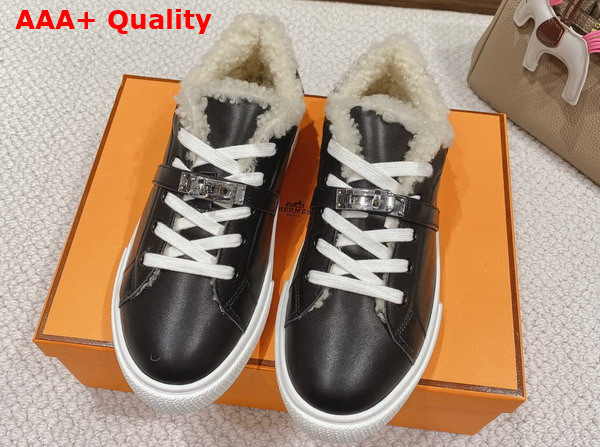 Hermes Day Sneaker in Calfskin with Woolskin Lining Noir Ecru Replica