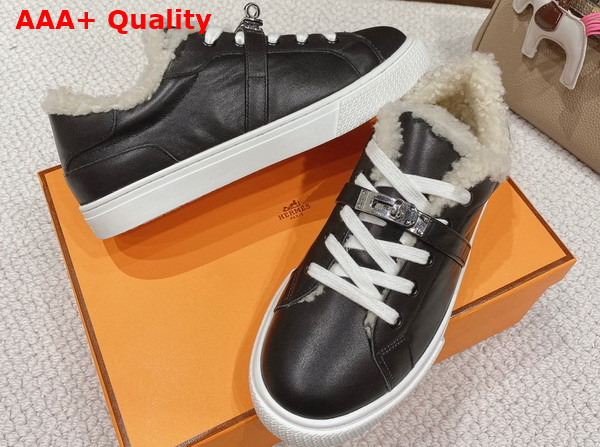 Hermes Day Sneaker in Calfskin with Woolskin Lining Noir Ecru Replica