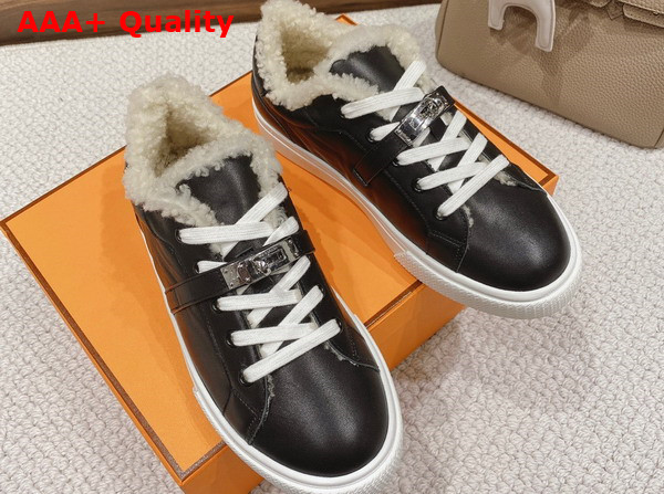 Hermes Day Sneaker in Calfskin with Woolskin Lining Noir Ecru Replica