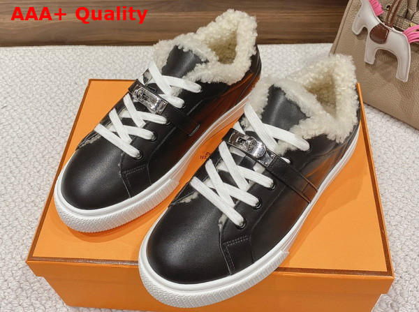 Hermes Day Sneaker in Calfskin with Woolskin Lining Noir Ecru Replica