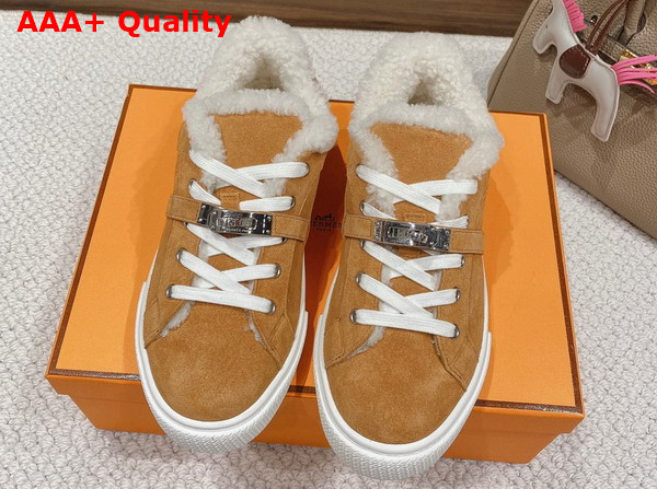 Hermes Day Sneaker in Suede Goatskin with Woolskin Lining Brun Fume Ecru Replica