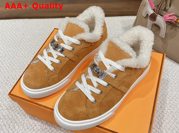 Hermes Day Sneaker in Suede Goatskin with Woolskin Lining Brun Fume Ecru Replica