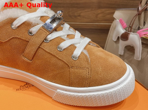 Hermes Day Sneaker in Suede Goatskin with Woolskin Lining Brun Fume Ecru Replica