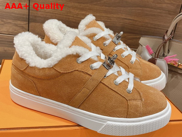 Hermes Day Sneaker in Suede Goatskin with Woolskin Lining Brun Fume Ecru Replica