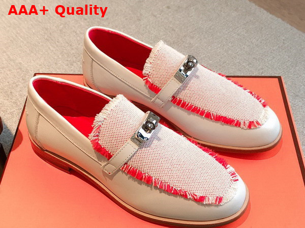 Hermes Destin Loafer in Beige Glaise Framboise Calfskin and Fringed Canvas Replica