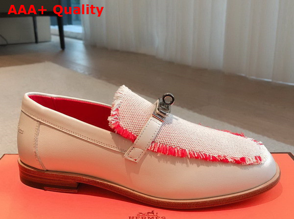 Hermes Destin Loafer in Beige Glaise Framboise Calfskin and Fringed Canvas Replica