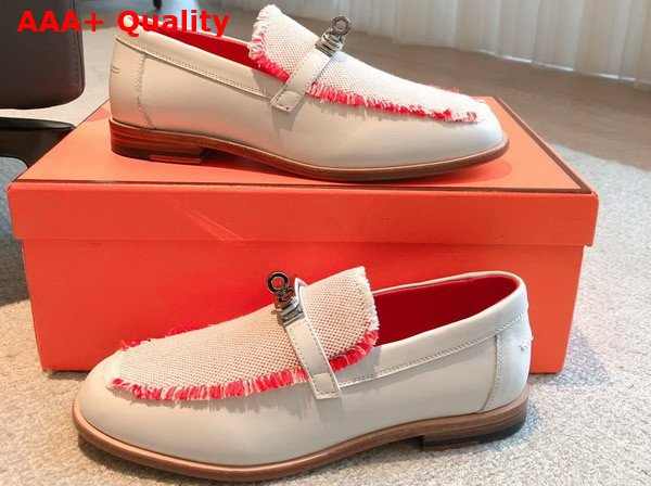 Hermes Destin Loafer in Beige Glaise Framboise Calfskin and Fringed Canvas Replica