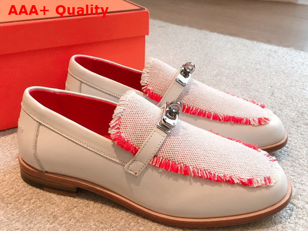 Hermes Destin Loafer in Beige Glaise Framboise Calfskin and Fringed Canvas Replica