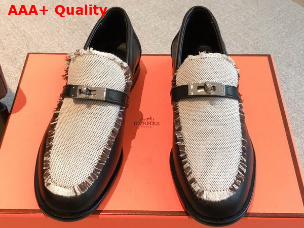 Hermes Destin Loafer in Black Calfskin and Fringed Canvas Replica