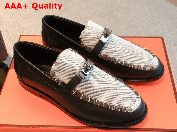 Hermes Destin Loafer in Black Calfskin and Fringed Canvas Replica