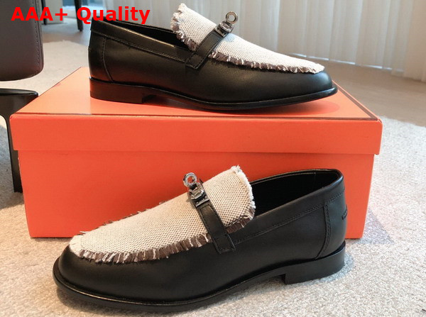 Hermes Destin Loafer in Black Calfskin and Fringed Canvas Replica