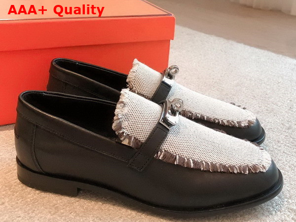 Hermes Destin Loafer in Black Calfskin and Fringed Canvas Replica