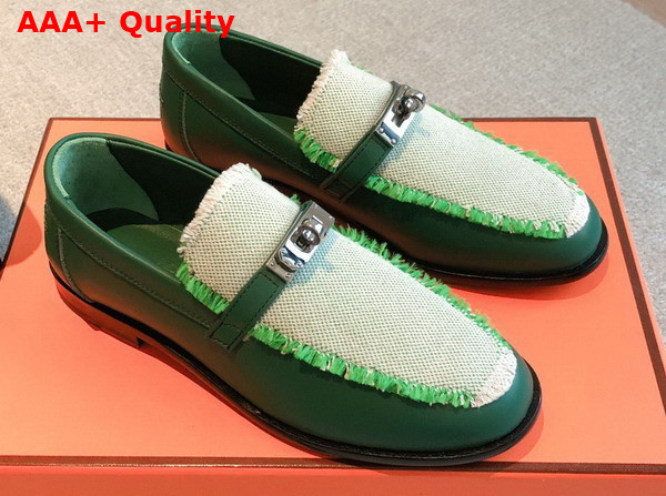 Hermes Destin Loafer in Green Calfskin and Fringed Canvas Replica