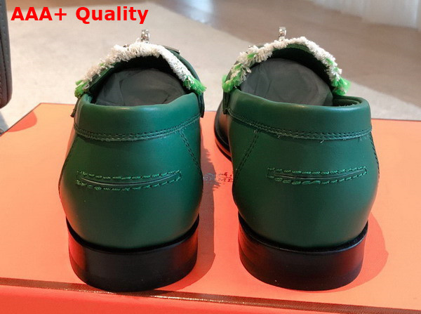 Hermes Destin Loafer in Green Calfskin and Fringed Canvas Replica