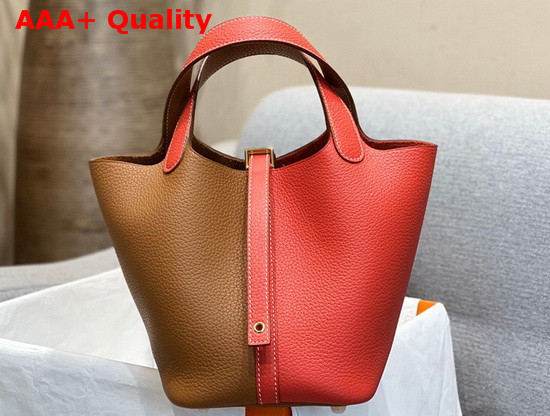 Hermes Dual Color Picotin Lock 18 Bag in Taurillon Clemence Leather Tan and Red Replica