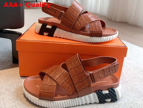 Hermes Electric Sandal in Brown Crocodile Embossed Calfskin Replica