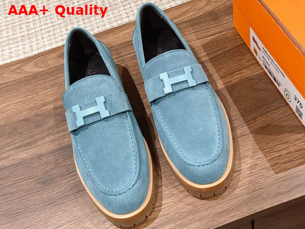 Hermes Faubourg Loafer in Bleu Pinede Suede Goatskin Replica