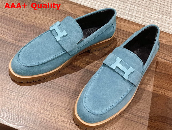 Hermes Faubourg Loafer in Bleu Pinede Suede Goatskin Replica