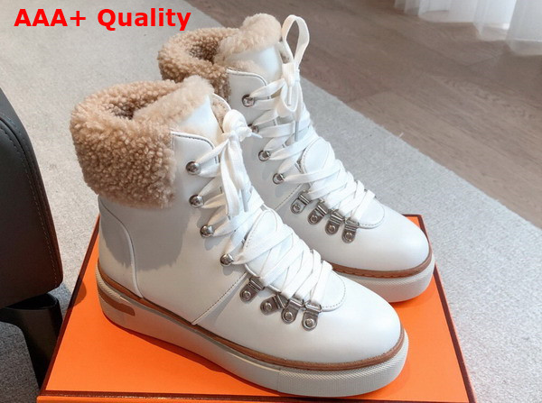 Hermes Flocon Ankle Boot Blanc Naturel Calfskin with Shearling and Rubber Sole Replica