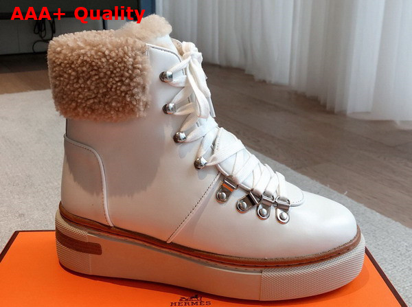 Hermes Flocon Ankle Boot Blanc Naturel Calfskin with Shearling and Rubber Sole Replica