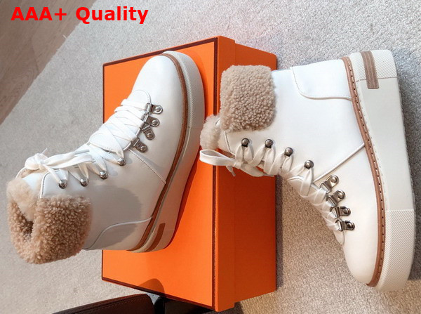 Hermes Flocon Ankle Boot Blanc Naturel Calfskin with Shearling and Rubber Sole Replica