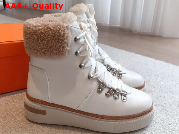 Hermes Flocon Ankle Boot Blanc Naturel Calfskin with Shearling and Rubber Sole Replica