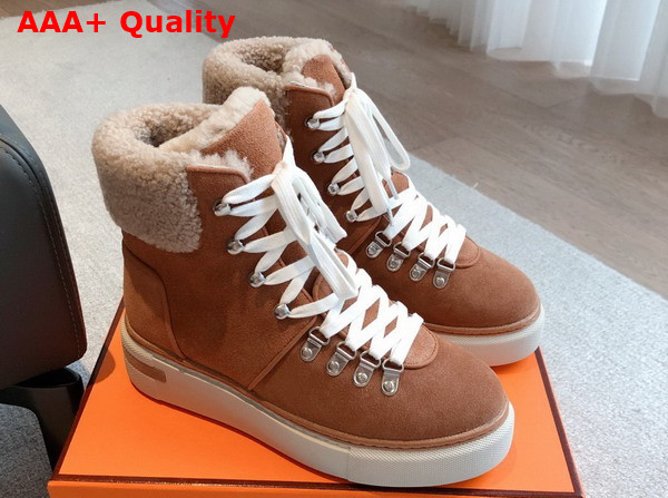 Hermes Flocon Ankle Boot Naturel Suede Calfskin with Shearling and Rubber Sole Replica