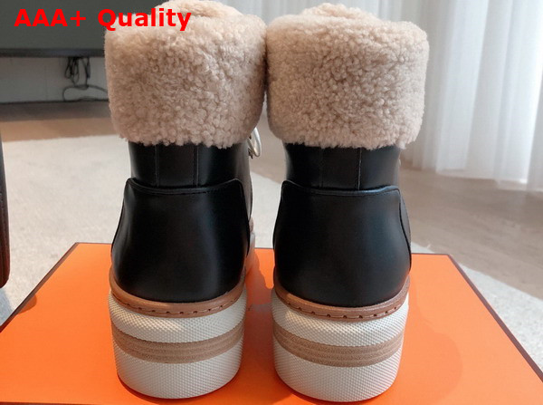 Hermes Flocon Ankle Boot Noir Ecru Calfskin with Shearling and Rubber Sole Replica