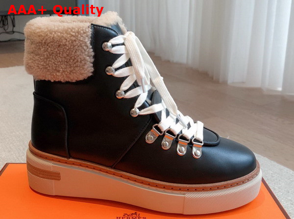 Hermes Flocon Ankle Boot Noir Ecru Calfskin with Shearling and Rubber Sole Replica