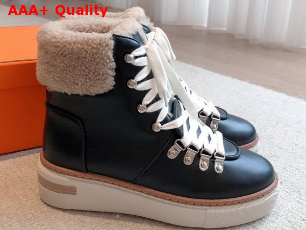 Hermes Flocon Ankle Boot Noir Ecru Calfskin with Shearling and Rubber Sole Replica