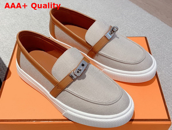 Hermes Game Slip On Sneaker Beige and Tan Canvas and Calfskin Replica