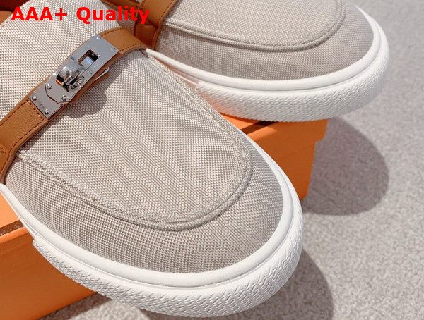 Hermes Game Slip On Sneaker Beige and Tan Canvas and Calfskin Replica