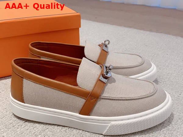 Hermes Game Slip On Sneaker Beige and Tan Canvas and Calfskin Replica