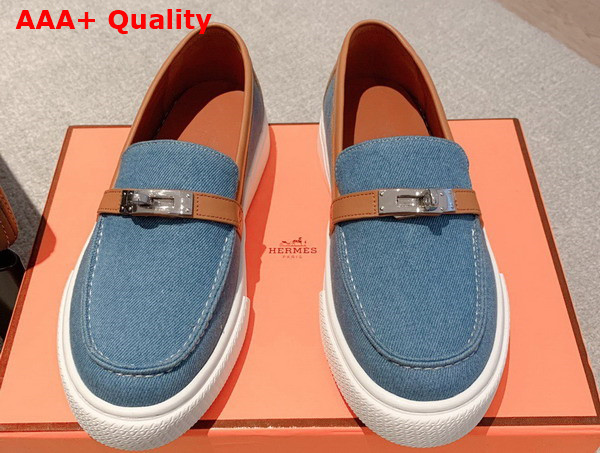 Hermes Game Slip On Sneaker Blue and Tan Denim and Calfskin Replica