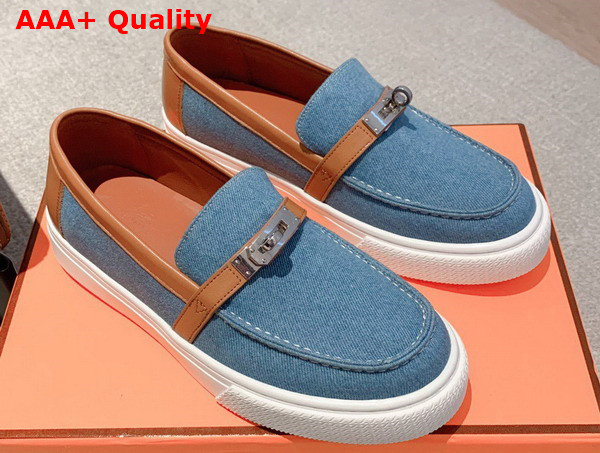 Hermes Game Slip On Sneaker Blue and Tan Denim and Calfskin Replica