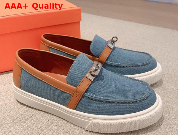 Hermes Game Slip On Sneaker Blue and Tan Denim and Calfskin Replica