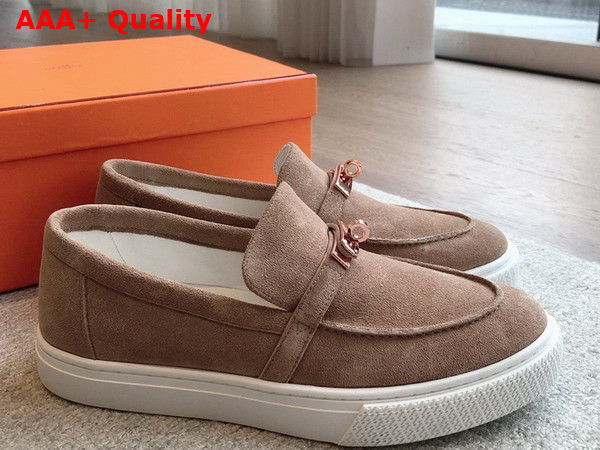 Hermes Game Slip On Sneaker in Beige Sable Suede Goatskin with Functional Rose Gold Plated Kelly Buckle Replica