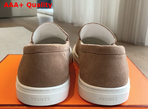 Hermes Game Slip On Sneaker in Beige Sable Suede Goatskin with Functional Rose Gold Plated Kelly Buckle Replica