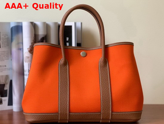 Hermes Garden Party 30 Bag in Canvas and Leather Orange and Tan Replica