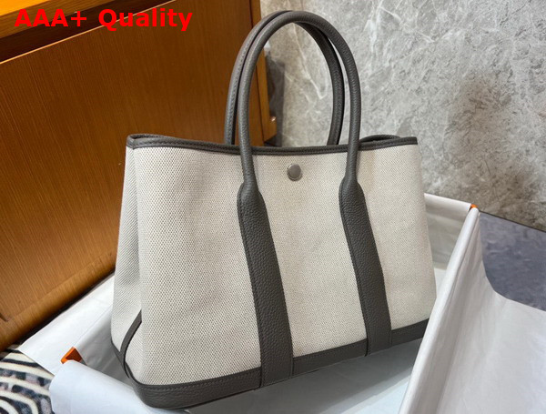 Hermes Garden Party 30 Bag in Natural Canvas and Gray Taurillon Clemence Leather Replica