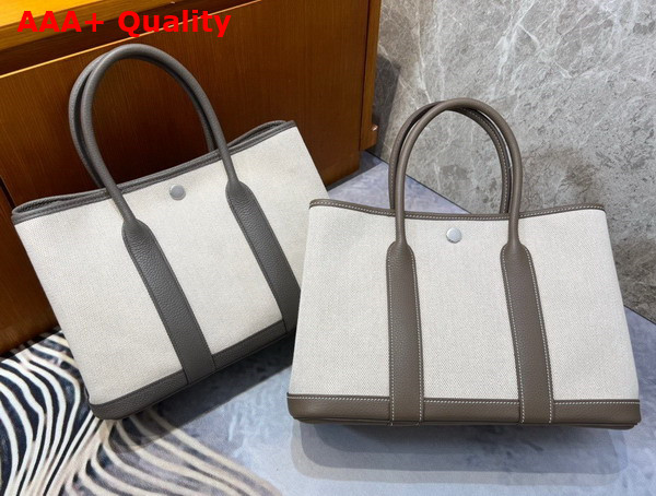 Hermes Garden Party 30 Bag in Natural Canvas and Gray Taurillon Clemence Leather Replica