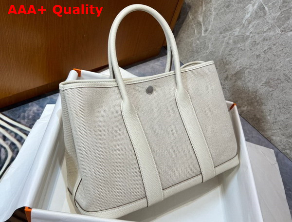 Hermes Garden Party 30 Bag in Natural Canvas and White Taurillon Clemence Leather Replica