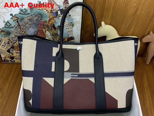 Hermes Garden Party 36 Bag in H Plume Hermes Pacific Canvas and Negonda Calfskin Bleu Indigo Ecru Beige Noir Replica